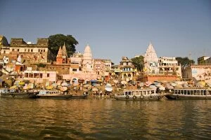 Varanasi, India. Daily life along the streets of Varanasi as viewed from a boat
