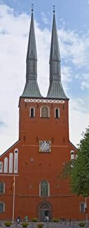 The Vaxjo cathedral church. The front facade with its two spires. Vaxjo town. Smaland region