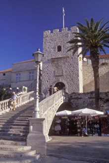 Historic Town Prints: Veliki Revelin Tower is the main entrance into Korcula Town. Korcula Island. Croatia