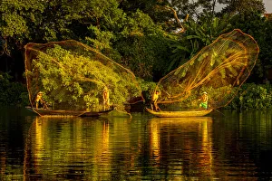 Prints of Vietnam. Butterfly net fishing. Fishermen working in complete synchronization Asia Prints: Vietnam. Butterfly net fishing. Fishermen working in complete synchronization