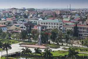 Vietnam, DMZ Area, Dong Ha, elevated city view, with Ho Chi Minh statue