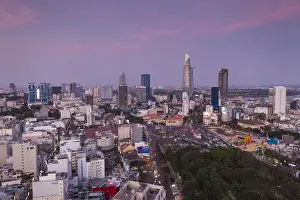 Southern Vietnam Prints: Vietnam, Ho Chi Minh City, elevated city view above Quach Thi Trang Circle, dusk