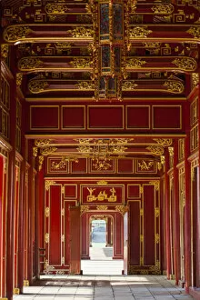 Vietnam Collection: Vietnam, Hue, Hue Imperial City, Halls of the Mandarins, red-painted interior
