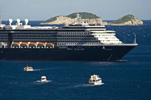 View of boats and cruise ship outside of Walled City of Dubrovnik with Lokrum Island