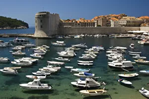 View of boats in Old Harbor, walled City of Dubrovnik, Southeastern Tip of Croatia