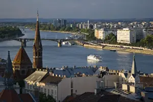 Buda Prints: View from Castle Hill of the Margaret Bridge crossing the Danube River, Buda side
