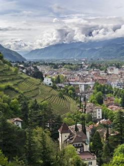 View over the city of Meran (Merano) and the Etsch Valley during spring. Europe