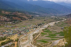 Edge Prints: View over city Paro with river Paro Chhu, Bhutan