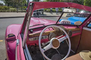 Classic Car Prints: View into drivers seat of classic convertible pink American car parked in Vieja
