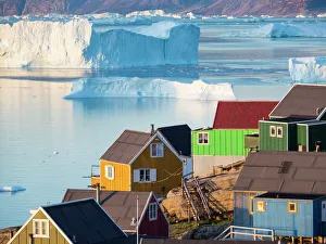 Greenland Collection: View of fjord full of icebergs towards Nuussuaq peninsula during midnight sun