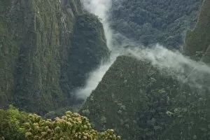 view of forest and mist from Machu Picchu, ruins of Inca city, Peru
