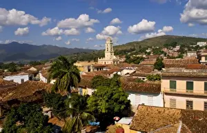 Birds Eye Prints: View from above with great clouds of the old Colonial village of Trinidad Cuba buildings
