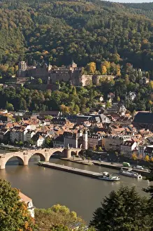 Heidelberg Prints: VIew of Heidelbergs Old Town, Neckar River and barg from the Philosophenweg