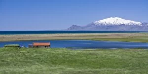 Images Dated 23rd June 2007: View of Icelandic farm, with Snaefellsjokull volcano in the distance
