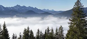 Eerie Prints: View from Mount Hoernle over a sea of fog hiding the valley of river Ammer towards