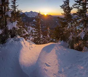 Foothill Prints: View from Mt. Jochberg near lake Walchensee towards Mt. Herzogstand during winter in