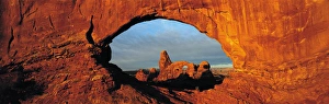 View through natural rock window, Utah, USA