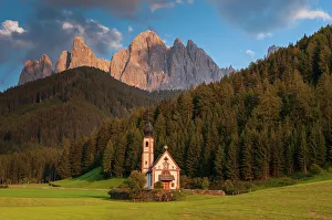 Bell Tower Prints: A view of Odle Group mountain and Saint Johann Church. Funes, Trentino Alto Adige, Italy