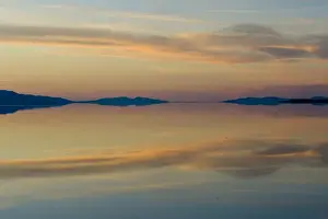 View of Ogden Bay and Fremont Island at Sunset from Antelope Island Causeway, Antelope