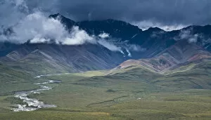 View of Polychrome Pass after autumn rainstorm at Denali NP, Alaska