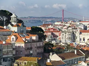 Portugal Prints: View over the quarters Baixa and Bairro Alto towards river Tagus (Rio Tejo). Lisbon