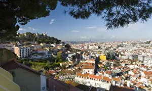 Portugal Prints: View over the quarters Baixa and Bairro Alto towards river Tagus (Rio Tejo). Lisbon
