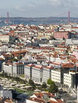 Portugal Prints: View over the quarters Baixa and Bairro Alto towards river Tagus (Rio Tejo). Lisbon