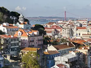 Portugal Prints: View over the quarters Baixa and Bairro Alto towards river Tagus (Rio Tejo). Lisbon