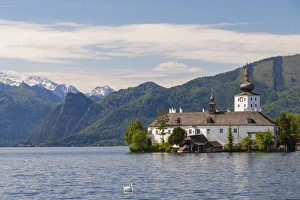 Swan Prints: View of schloss Ort (castle) at Traunsee lake, Upper Austria, Austria