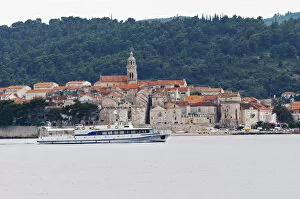 View across the sea on the town of Korcula on the island of the same name where Marco Polo was born