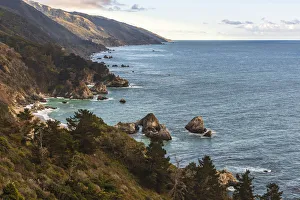 Sweeping Prints: View south of Big Sur coastline with little arch rock in Ocean waters
