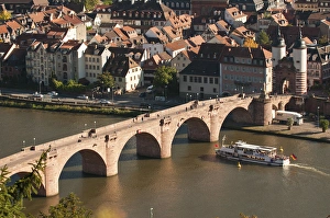 Heidelberg Prints: View of tour boat passing under the Alte Brucke or Old Bridge