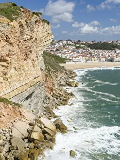 Iberian Peninsula Prints: View over town and beach from Sitio. The town Nazare on the coast of the Atlantic Ocean