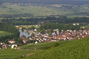 A view of the Vallee de la Marne river and vineyards and the village Cumieres, the