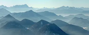 Prints of View towards Zugspitze. View from Mount Schonberg near Lenggries in the Bavarian Alps during winter. Germany, Bavaria Images Dated 2022 May: View towards Zugspitze. View from Mount Schonberg near Lenggries in the Bavarian Alps during winter