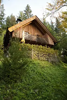 Cabin Prints: Villach, Carinthia, Austria - Low angle exterior view of cabin on a hill in the forest