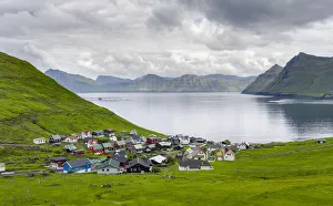 Village Funningur, in the background Funningsfjordur, Leiriksfjordur and the island Kalsoy