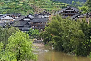 Prints of Village with river, Chengyang, Sanjiang, Guangxi Province, China Images Dated 2016 December: Village with river, Chengyang, Sanjiang, Guangxi Province, China