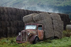 Central Otago Prints: Vintage Commer truck with hay bales, Hawea Flat, near Wanaka, Otago, South Island