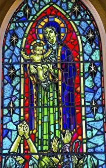 Basilica Prints: Virgin Mary Baby Jesus Stained glass Hallgrimskirkja Large Lutheran Church, Reykjavik