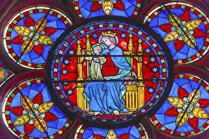 Images Dated 20th August 2019: Virgin Mary, Jesus Christ stained glass, Notre Dame Cathedral, Paris, France