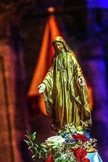Virgin Mary statue, Nimes Cathedral, Gard, France. Catholic church created 1100 AD, site of Emperor Augustus Temple