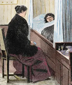 Seated Prints: Visiting a sick woman. Colored engraving of The Artistic Illustration, 1892