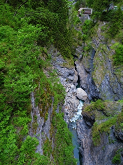 Prints of Visitor center and access to the gorge. The Viamala Gorge in the nature park Beverin, carved out by river Hinterrhein and an attraction of Graubunden, Switzerland Images Dated 2024 November: Visitor center and access to the gorge