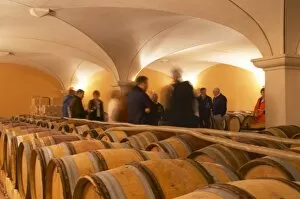 Visitors blurred in the barrel aging cellars with vaulted ceiling. Domaine Gilles Robin