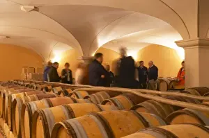 Aging Prints: Visitors blurred in the barrel aging cellars with vaulted ceiling. Domaine Gilles Robin