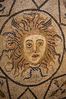 Mosaic Prints: Volubilis, Morocco, Ancient Roman city, sun face mosaic tile