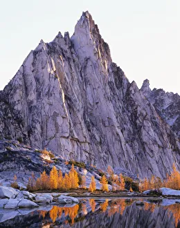 WA, Alpine Lakes Wilderness, Enchantment Lakes, Prusik Peak and Gnome Tarn with larch