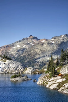 Robin Lake Prints: WA, Alpine Lakes Wilderness, Lower Robin Lake, with orange tent