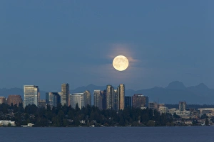 Images Dated 30th September 2012: WA, Bellevue, Full moon raising over downtown skyline